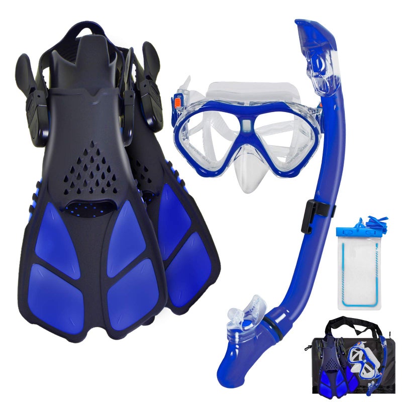 Aisrida Kids Snorkeling Set Children Mask Fin Snorkel Set Snorkeling Gear Snorkel Mask + Adjustable Swimming Kids Flippers+ Dry Snorkel Tube + Travel Bags (Blue) - Image 1